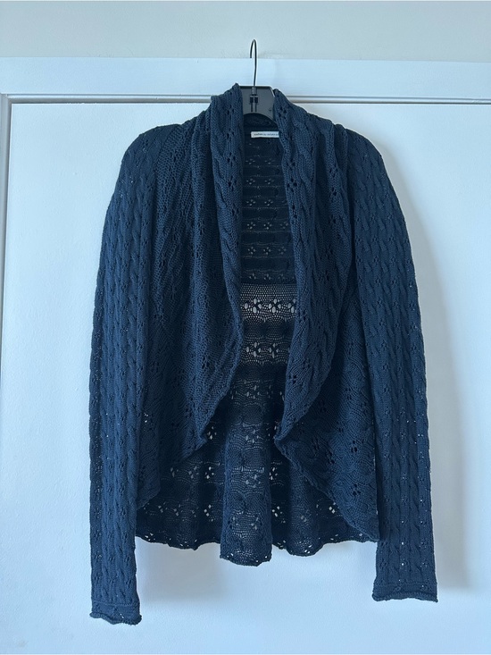 cotton by autimn cashmere Sweaters - Autumn Cashmere Navy Draped Open-Front Cable & Lace Knit Cardigan